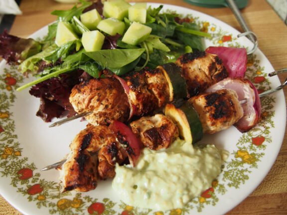 Greek-Style Chicken Skewers with Avocado Tzaziki Sauce